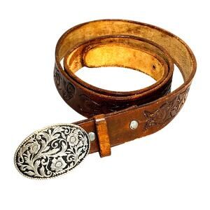 Vintage brown tooled leather ladies belt with ornate silver oval floral buckle